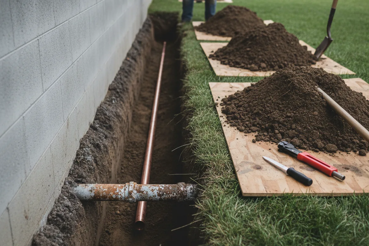Excavated water line trench during Water Heater Repair in East Brookfield